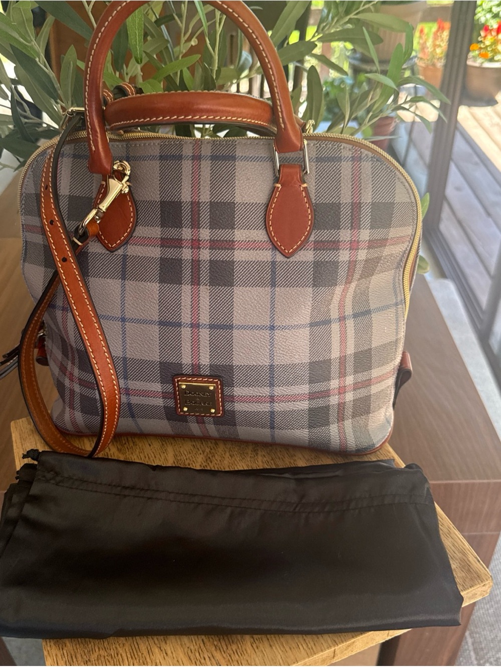 Dooney & Bourke Tiverton Gray Plaid Satchel with Brown Leather Trim. Dust bag.